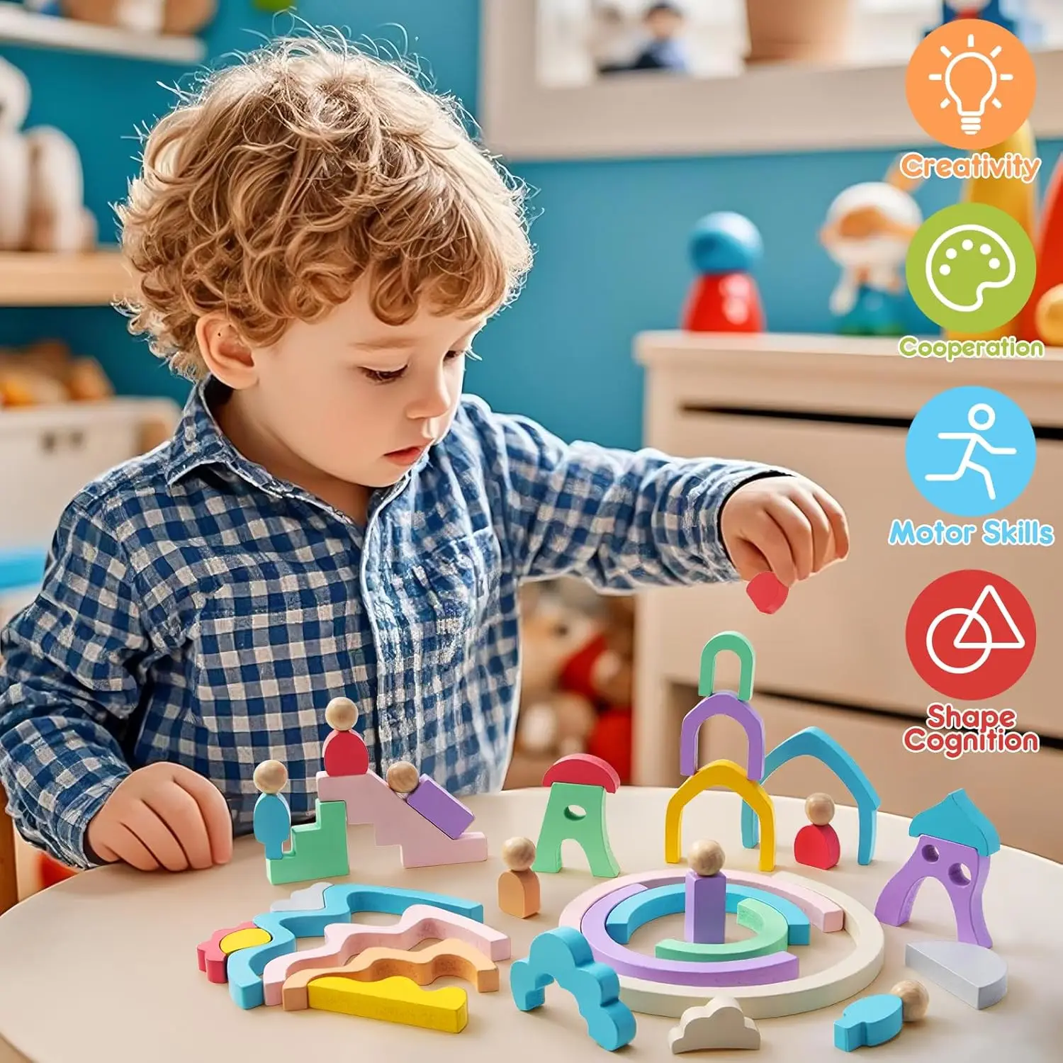 Wooden Building Blocks for Toddlers, 46 Pcs Montessori Stacking Toys with Rainbow/Little People/Tree/House/Mountain, Learning To