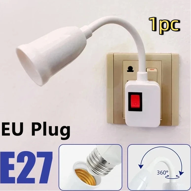 E27 Direct Plug In Swivel Head E27 Socket Bulb Holder With Switch EU Plug LED Table Lamp Stainless Steel Hose Steering Lever