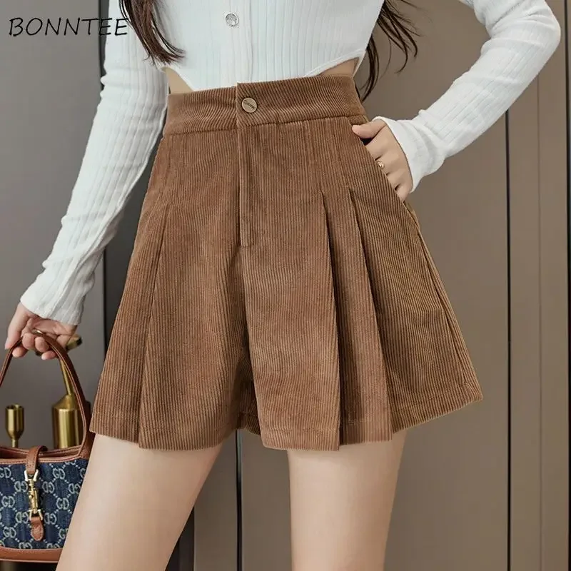 High Waist Pleated Shorts Women Corduroy A-line Temper Wide Leg Trouser Korean Hotsweet Fashion Clothes All-match Шорты Женский