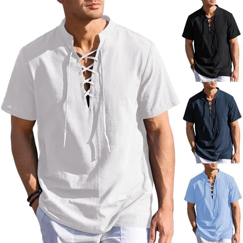 

Men's Standing Collar Shirt 2024 Men's V-neck Tie Up Short Sleeved Henry Shirt Solid Cotton Linen Loose Casual