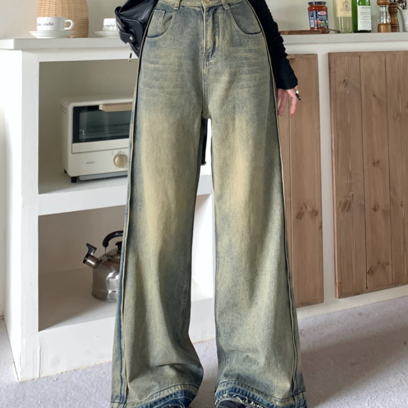 

American Retro Wide-leg Jeans Women's Autumn and Winter High Waist Design with Rough Edges Mopping The Floor Pants