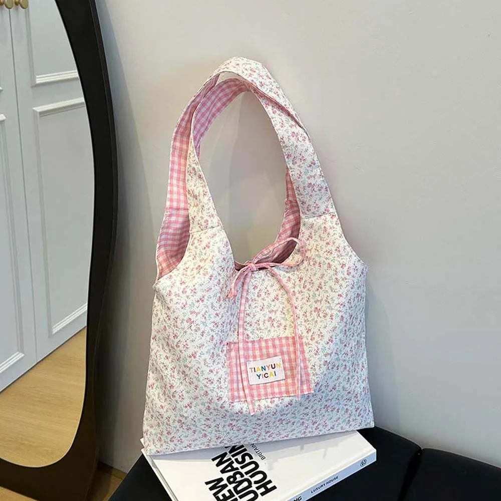 

Portable Sweet Double-sided Shoulder Pouch Contrast Color Bow Plaid Cloth Vest Pouch Polyester Lattice Tote Bag Summer