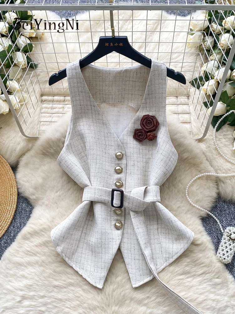 

Beiyingni French Elegant Female Tank Tops Leopard Print Sashes 3D Floral Women's Vest Commute Slim 2025 Khaki Chic Stylish Camis