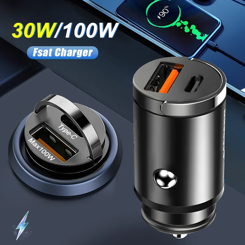 Mini 100W USB Car Charger Dual Ports Pull Ring Fast Charge Type C PD Car Adapter For iphone Samsung Huawei Xiaomi iPad