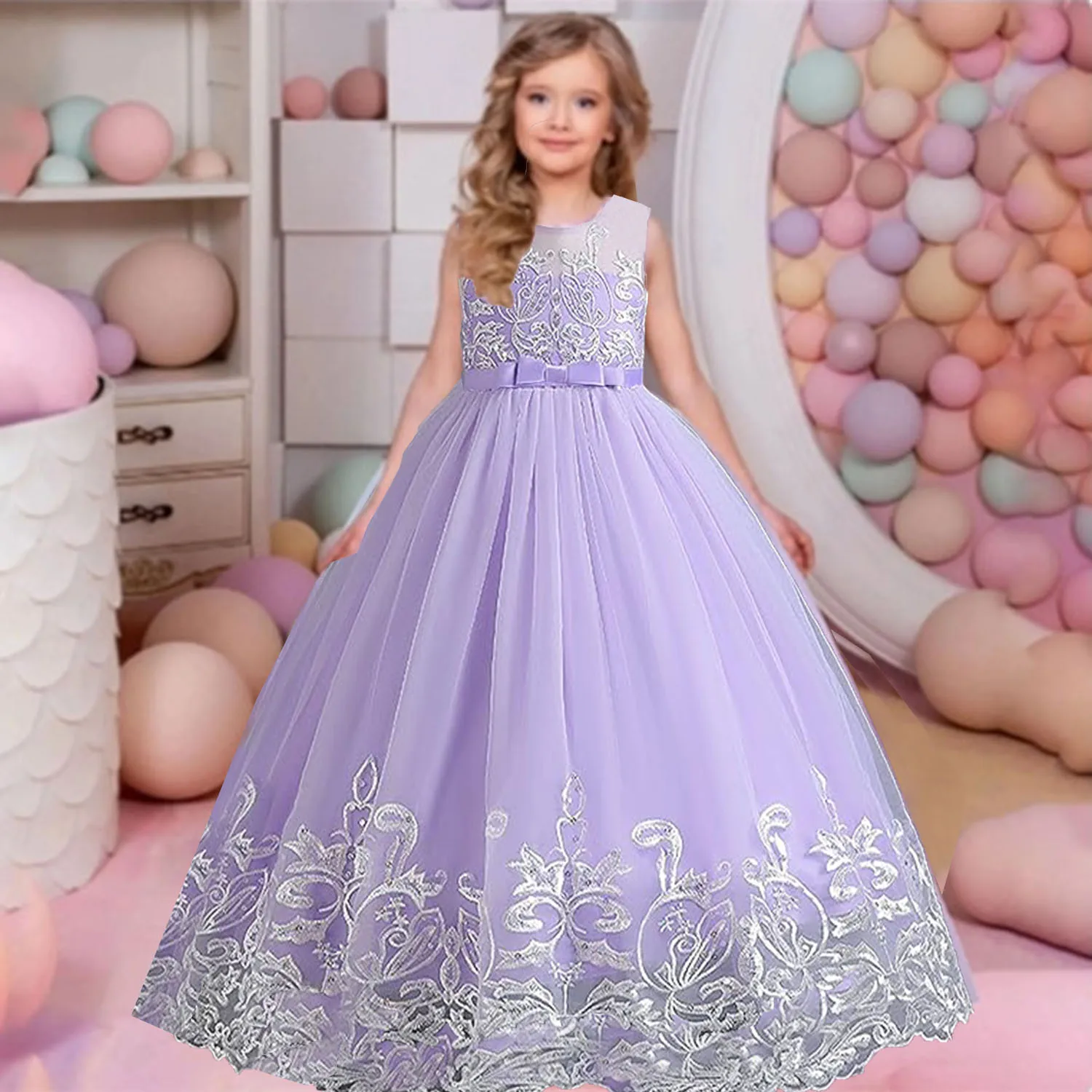 

Shiny Toddler Little Big Girls Lace Appliqued Bowknot Wedding Flower Girl Birthday Party Formal Long Dress 9102