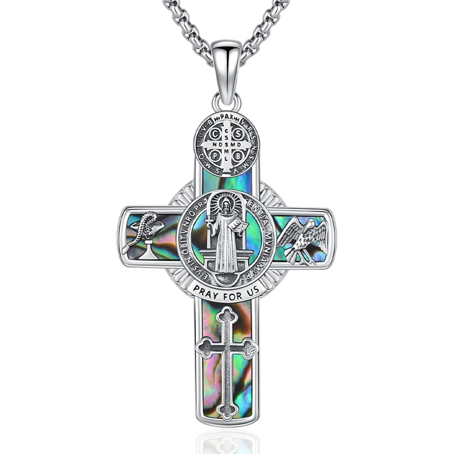 

Saint Benedict Crucifix Necklace 925 Sterling Silver St Benedict Jesus Cross Necklace Protection Amulet Jewelry for Men Women