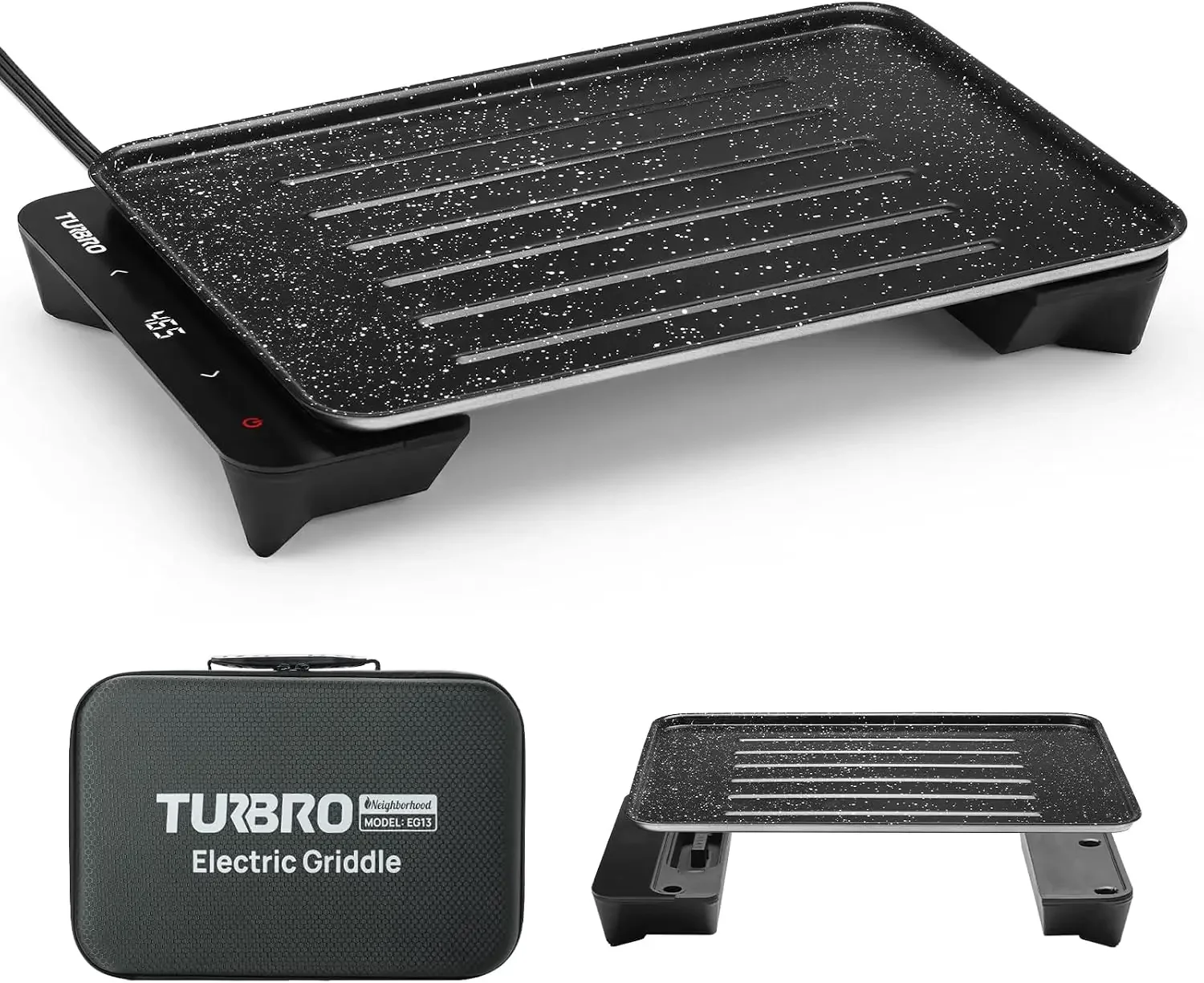 EG13 Portable Electric Griddle, Low-Power 300-600W, Thick-Film Fast Heating to 465°F, Non-Stick Smokeless Indoor/Outdoor Grill