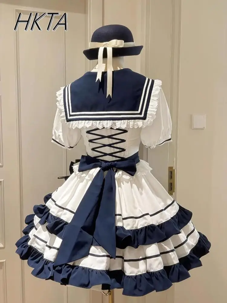 Lolita หวานน่ารัก Navy COLLAR แขนสั้นชุดผู้หญิงฤดูร้อนใหม่ลูกไม้สายเอวสูง Ruffle ชุดเค้กสไตล์วิทยาลัย