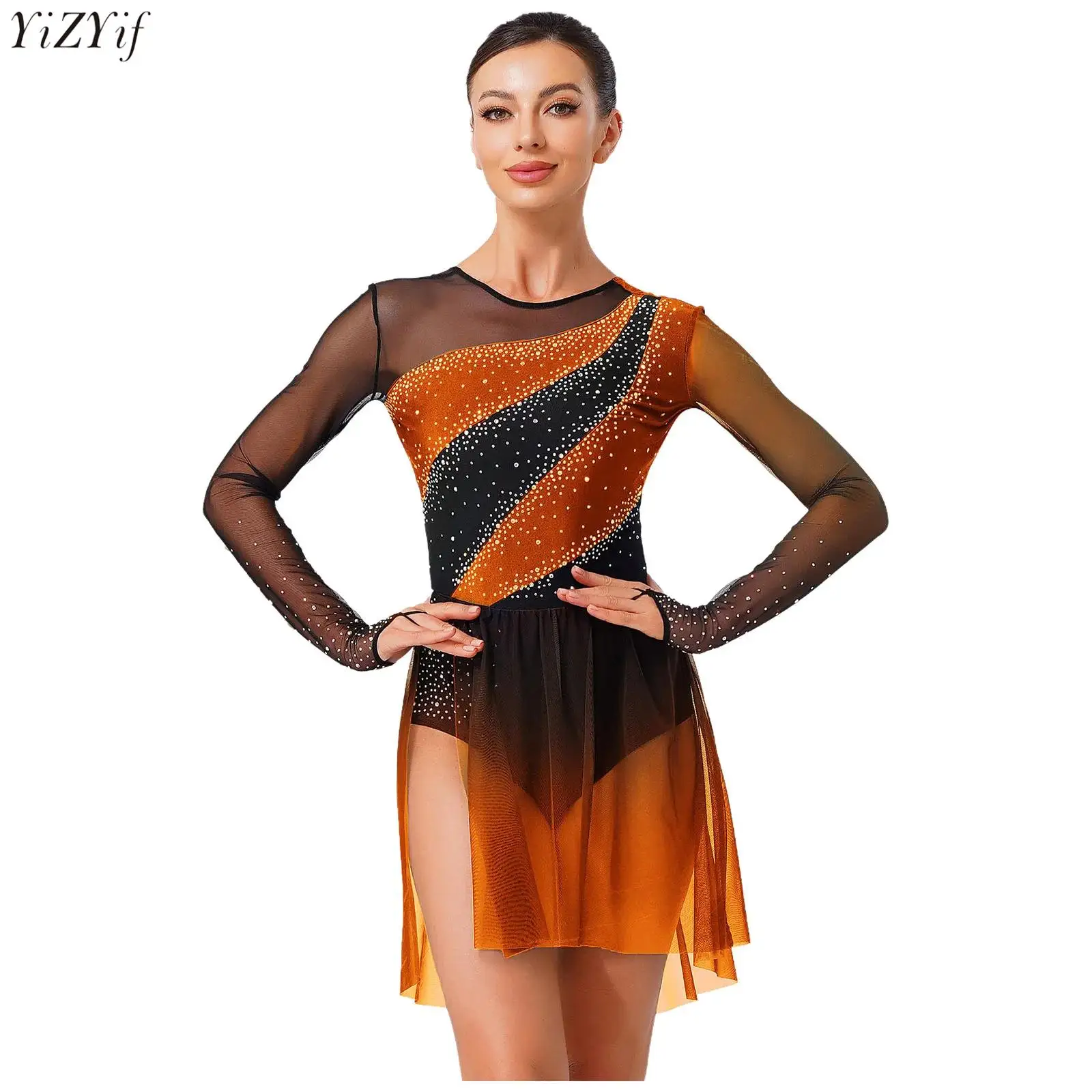

Womens Gymnastics Figure Skating Dance Dress Shiny Rhinestones Sheer Mesh Overlay Leotard Dress for Lyrical Dance Ballet Dresses