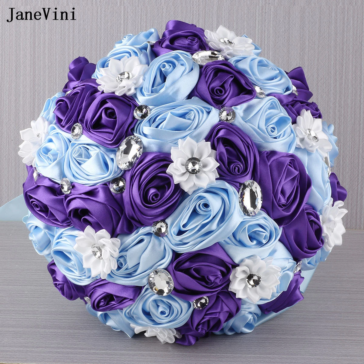 JaneVini New Elegant Light Blue Purple Flowers Bridal Bouquets Crystals Artificial Satin Roses Wedding Brooch Bouquet Customized