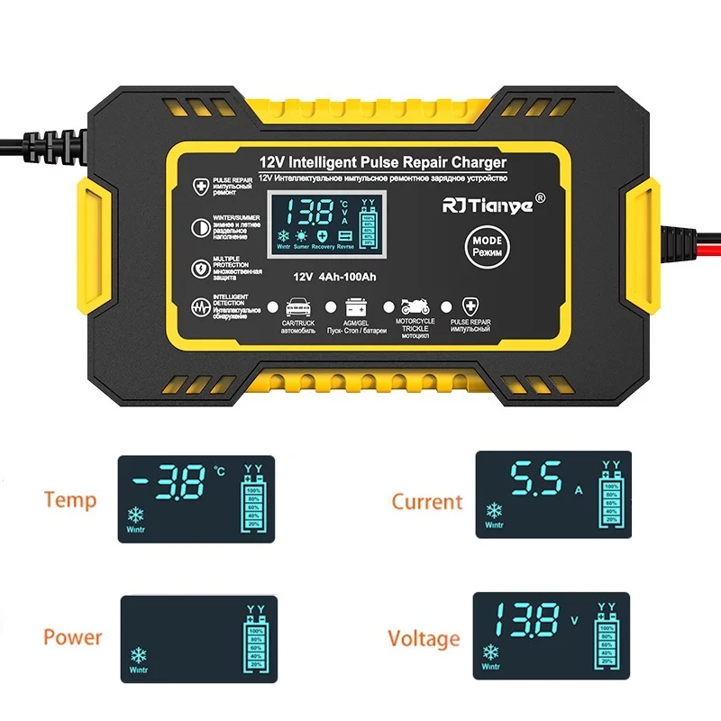 Intelligent Pulse Repair Car Smart Battery Charger Voltage Detect 12V 24V High Power Automatic for Vehicle Truck Boat Motorcycle