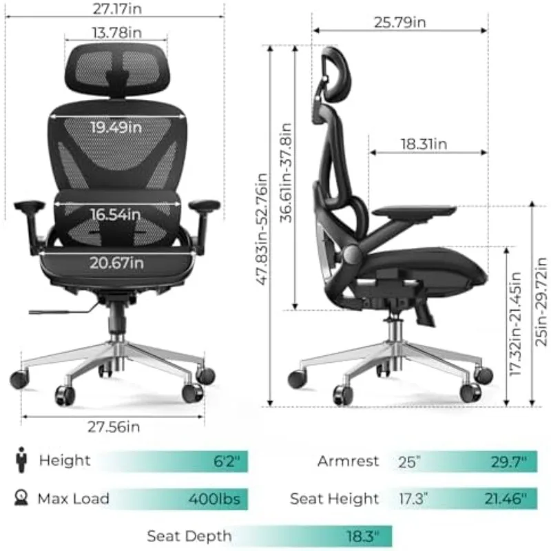 Ergonomic Mesh Office Chair, Adjustable Lumbar High Back Desk Chair 400lbs, 4D Flip-up Arms, 3-Level Tilt Backrest, 3D