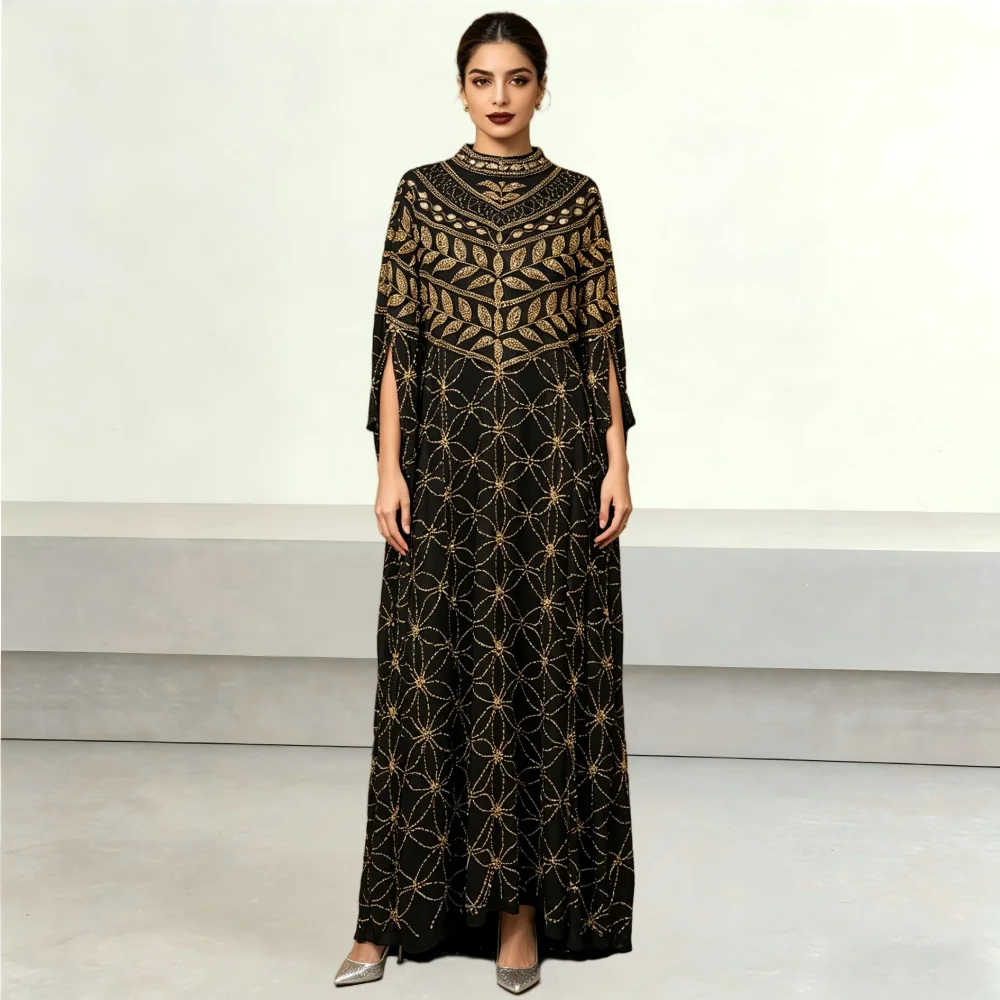 Black Gold Beaded Kaftan Maxi Dress Luxury Muslim Evening Party Gown Cape Sleeve Abaya for Women Wedding Guest Formal Occasion