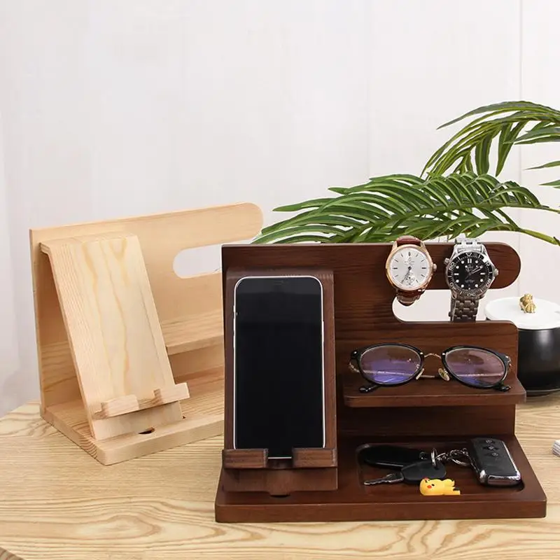 Solid Wood Mobile Phone Holder Desktop Storage Rack Multi-functional Hanging Watch Glasses Keychain Rack