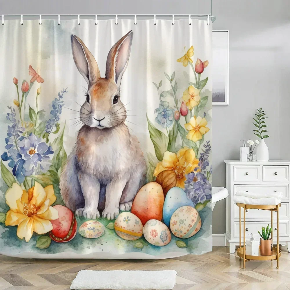 Easter Funny Bathroom Shower Curtain Happy Rabbit Bunny Waterproof Removable Bath Farmhouse Stall Bathtub Decor