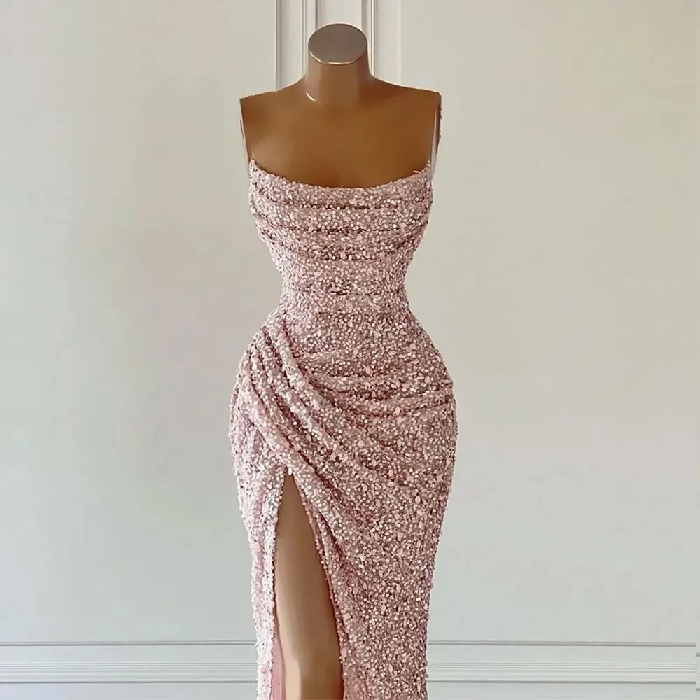 Lilac Pink Sequins Evenig Dresses Women Sexy Mermaid Strapless Split Long Prom Gowns African Girls Formal Occasion Party Dress