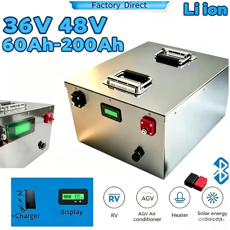 48V & 36V Bluetooth Monitor Lithium Battery Pack 60Ah To 200Ah, Integrated BMS Safe Deep Cycle Lithium Battery Including Charger
