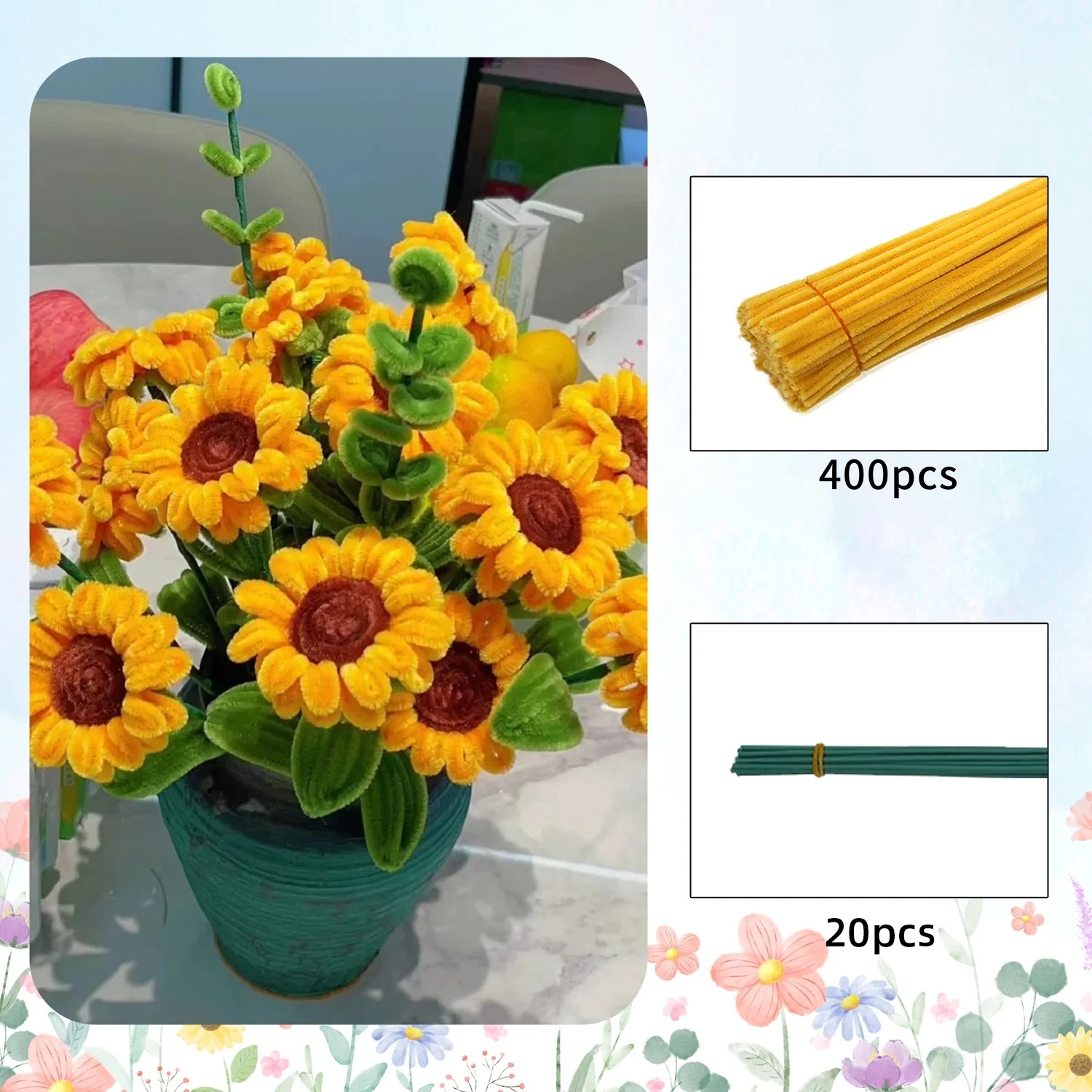 420pcs Pipe Cleaner Flowers Kit DIY Art Flower Bouquet Craft Set Colorful Chenille Stems Wire with Green Floral Wires,