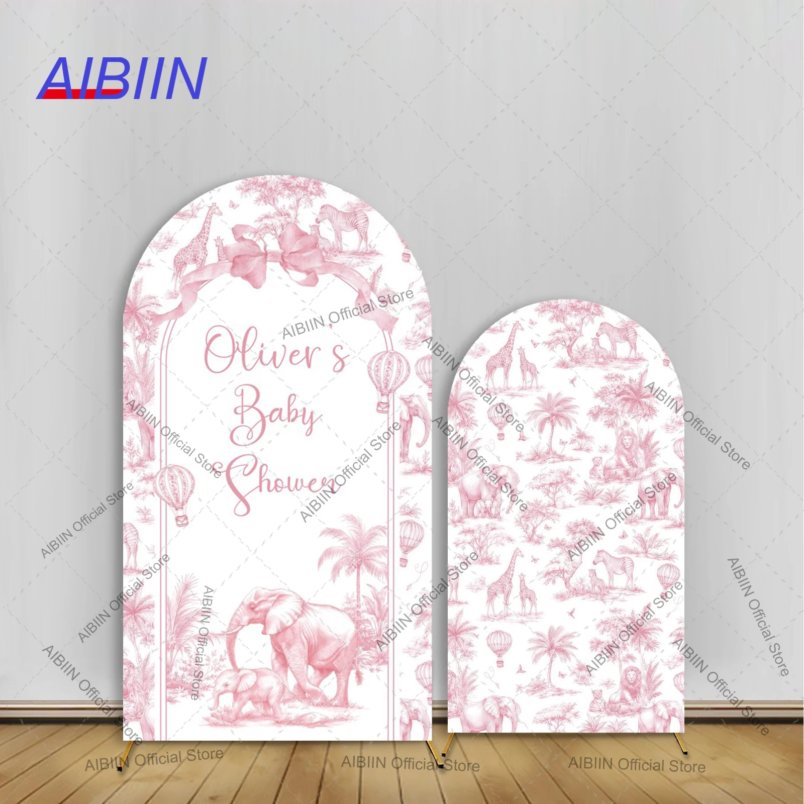 Toile de fond arche safari rose et bleue pour baby shower, animaux de la jungle, nom personnalisé, fête d'anniversaire fille ou garçon, décor de portrait, arrière-plans