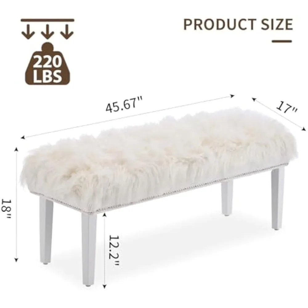 Faux Fur Ottoman Bench Upholstered Furry Entryway Bedroom Bench with White Wood Legs,Modern Contemporary Long Bench