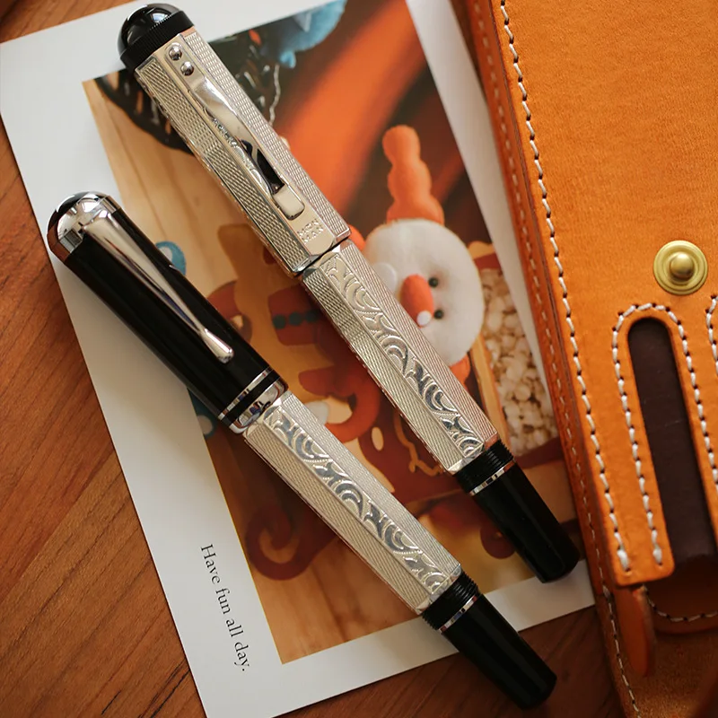 

MAJOHN P138 piston fountain Pen Classical Differential Pistons Ink Absorbing Octahedral Etched Pattern Silver Plated Ink Pen