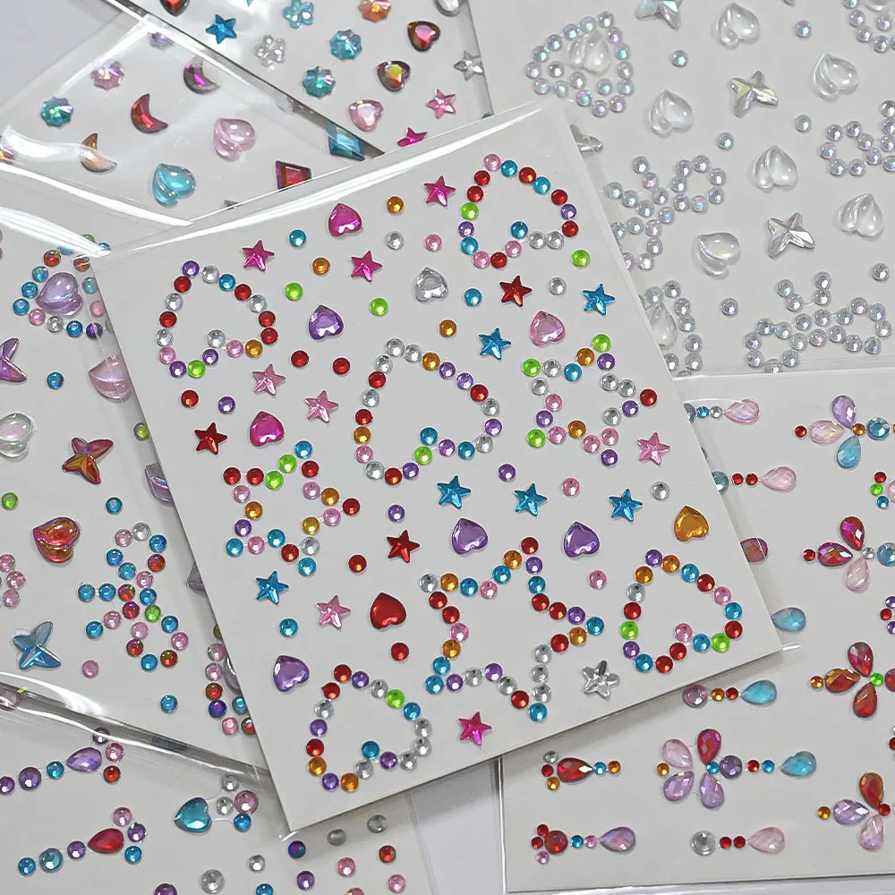 1Pc Ster Maan Gezicht Oog Diamant Gem Sticker Hart Vlinder Acryl Steentjes Tattoo Vrouwen Meisjes DIY Make-up Juwelen
