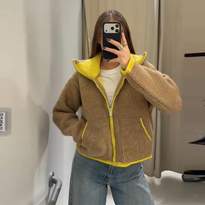 Fashion Contrast Knitted Jacket Women's Cozy Long Sleeve Pockets Zipper Lapel Coats 2026 Autumn Winter Lady New Casual Outerwear