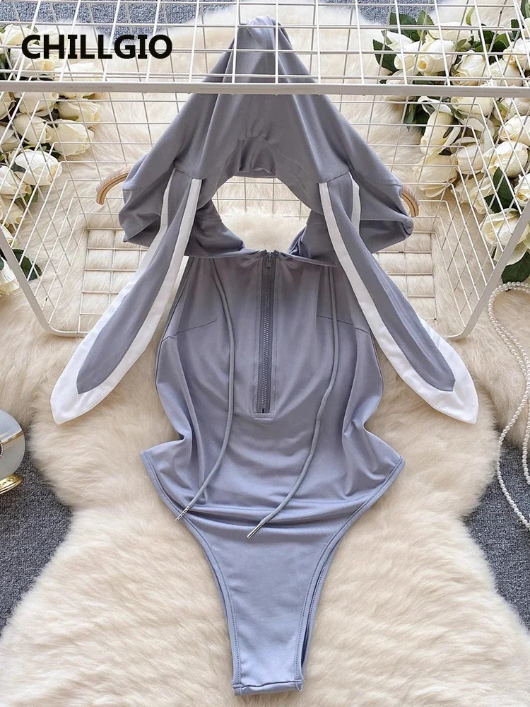 CHILLGIO Women Sexy Erotic Bunny Bodysuits Fashion Solid One Piece Combination Onesie Sleepwear Tights Backless Zipper Catsuits