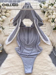 CHILLGIO Women Sexy Erotic Bunny Bodysuits Fashion Solid One Piece Combination Onesie Sleepwear Tights Backless Zipper Catsuits