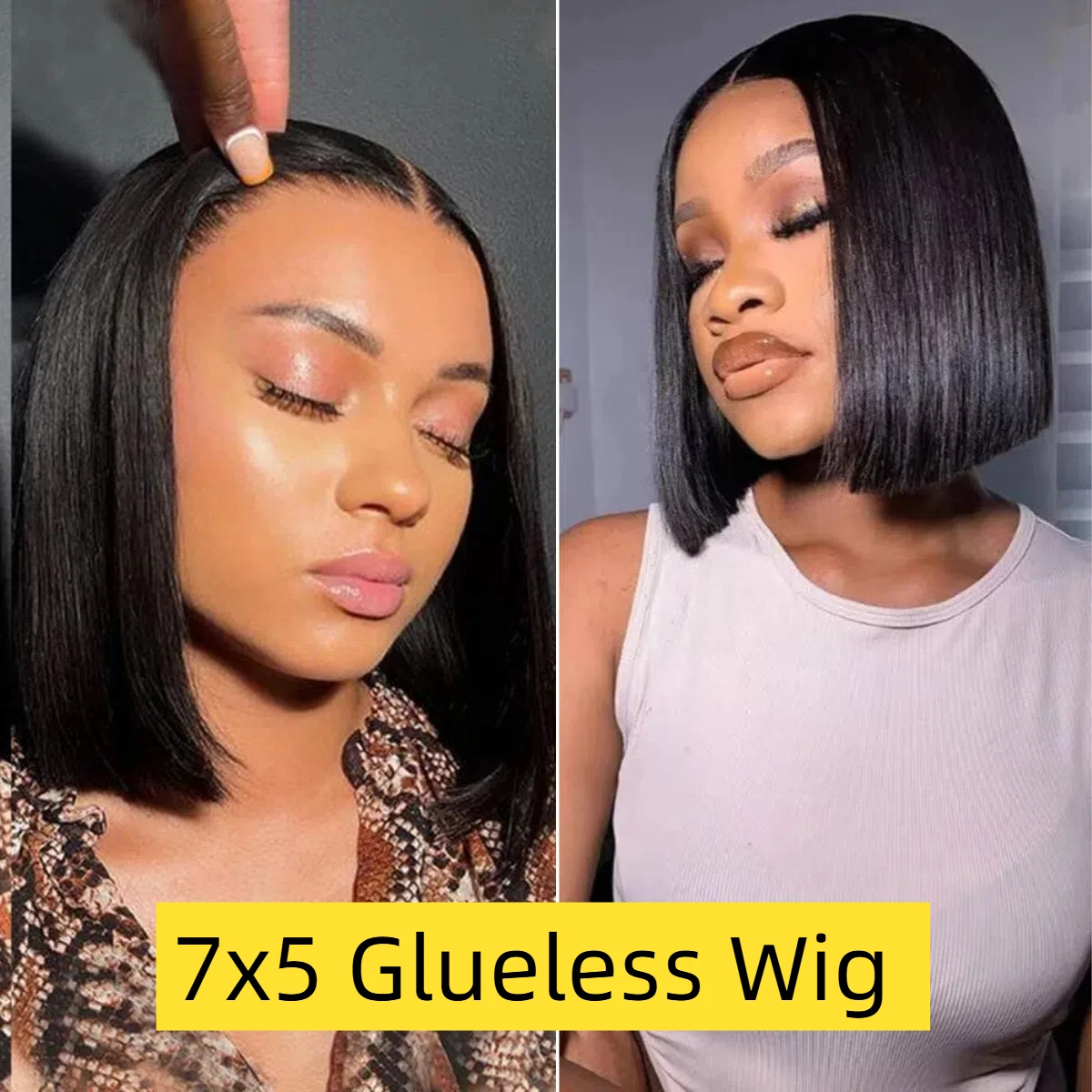 Короткий прямой бесклеевой парик Боб из человеческих волос Короткие парики Боб для чернокожих женщин Предварительно выщипанные предварительно вырезанные человеческие волосы Прямые 200% Плотность