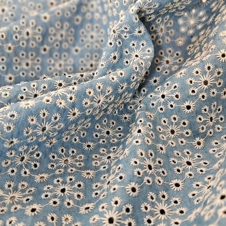 

New Cotton Denim Lace Embroidery Fabric for DIY Clothing Design Cloth Fashion Decoration Sewing Wholesale by Meter