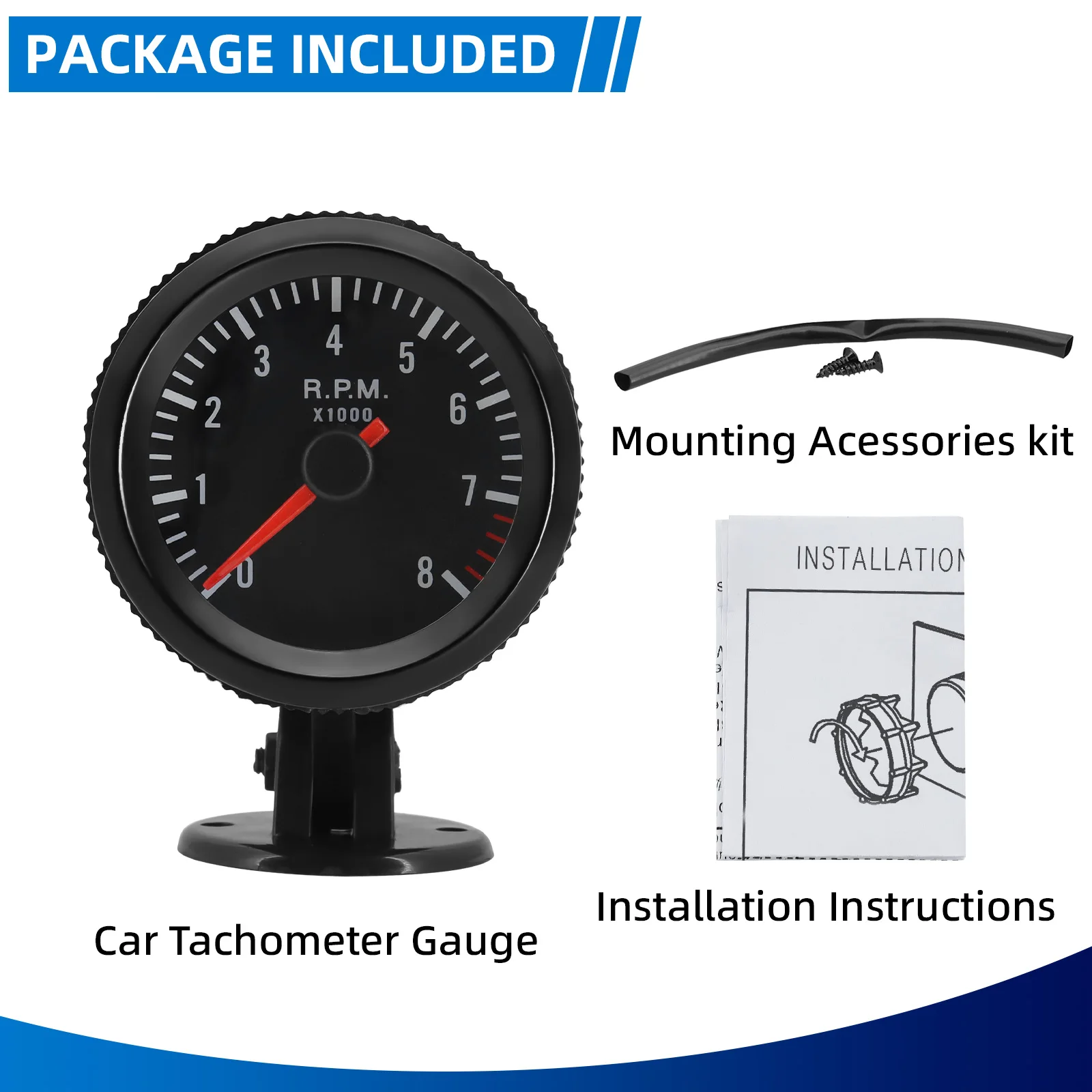 2" 52mm 0-8000RPM Car Meter Tachometer RPM Gauge Analog Black Case With White LED For 1-8 Cylinders Car 4