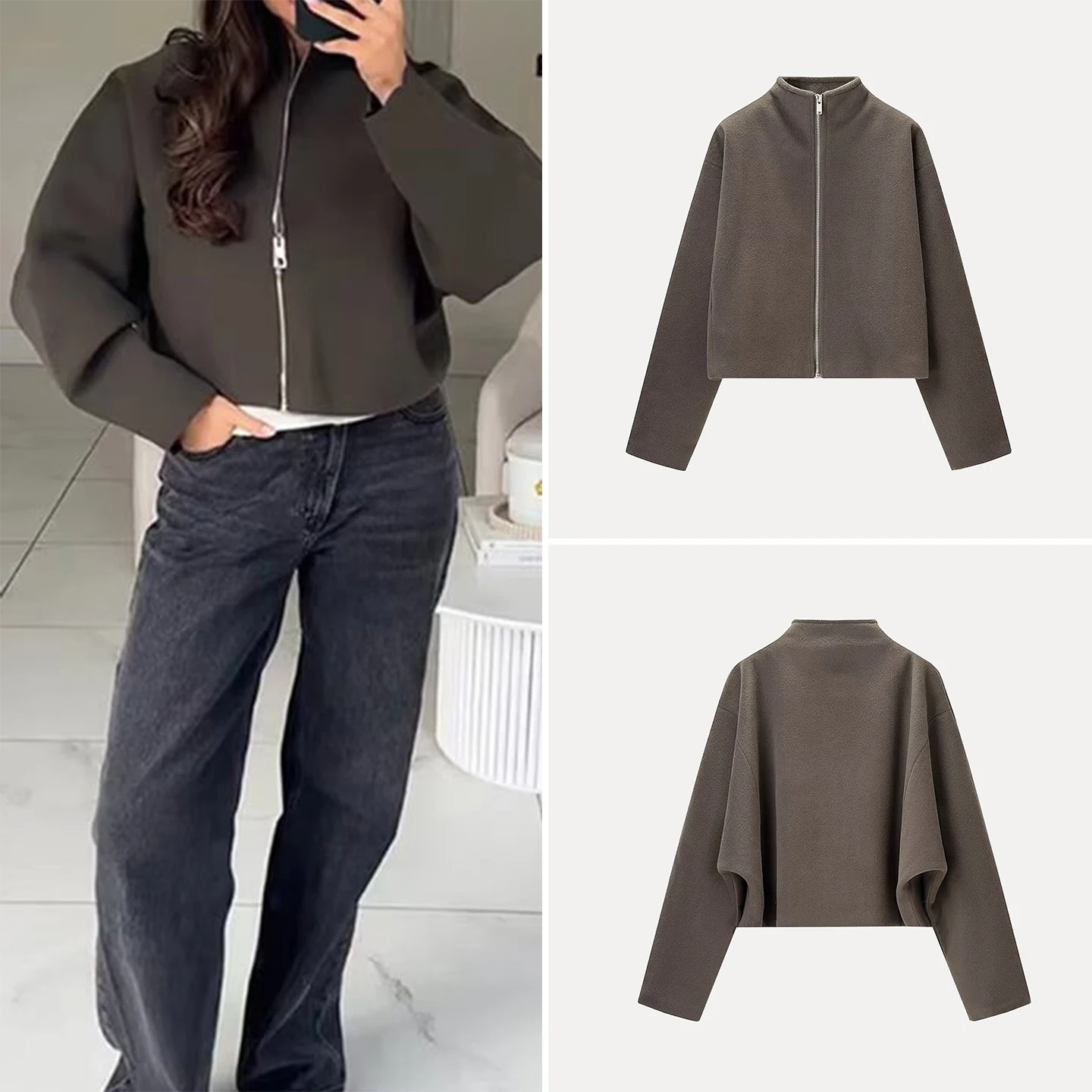 

Faionable Long Sve воротник-стойка, свободная верхняя одежда на молнии Jaet ort для женщин, зима 202, Новое поступление, универсальное женское пальто