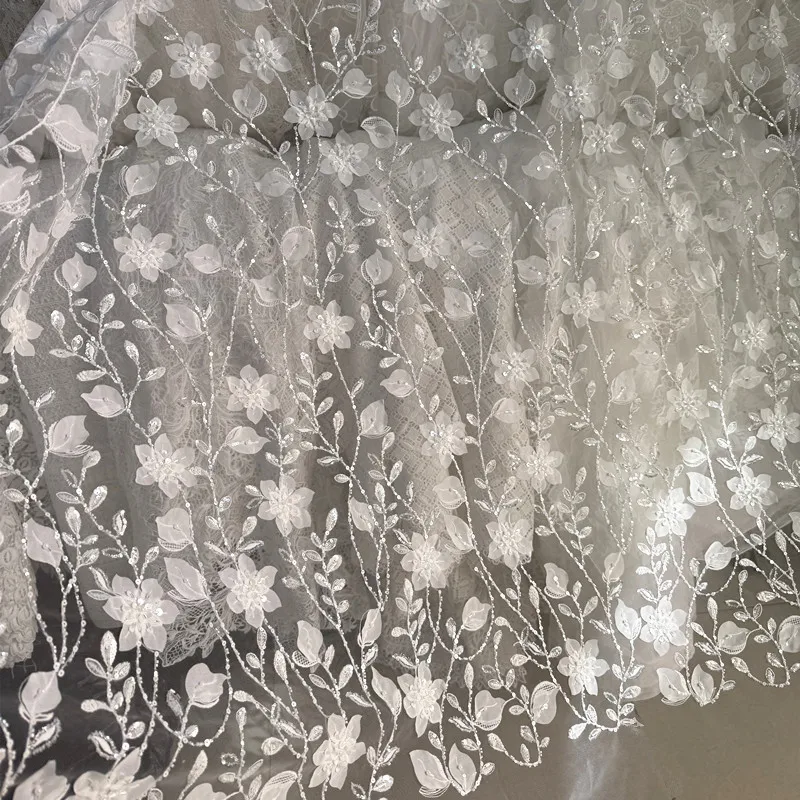 Deluxe Leaf Petal Embroidered Lace With Sequins And Beads Luxury Sheer Fabric For Wedding Decoration Evening Dress DIY Apparel