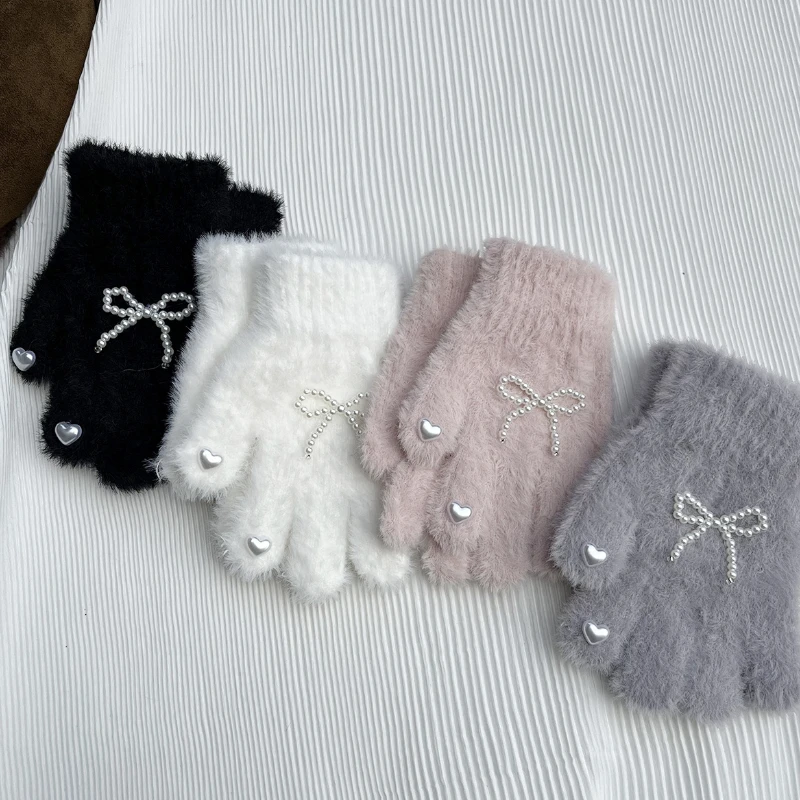 

3-8Years Children's Gloves Autumn Winter New Windproof Warm Knitted Plush Cartoon Pearl Bow Girls' Love Wholesale Gloves