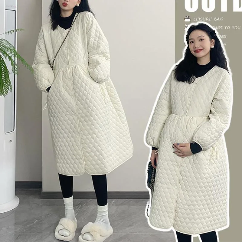 Pregnant Women Winter Clothing Cotton Jacket with Pockets Long Sleeve Single-breasted Long Maternity Coat Warm Drawsting Outwear