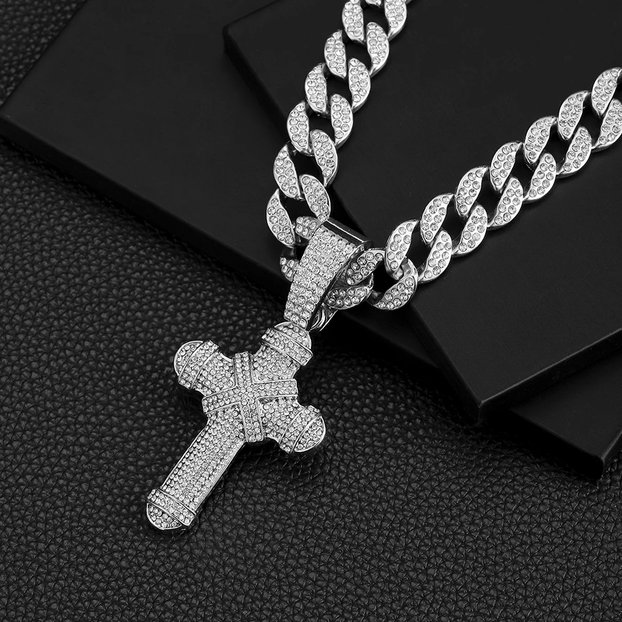 سلسلة مكعب مثلج مع سبيكة الهيب هوب وحجر الراين قلادة متقاطعة ، أحدث قلادة ، 15 عرض