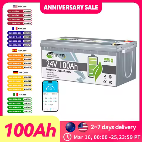 TCBWORTH 24V 100Ah Bluetooth LiFePO4 Battery,Deep Cycles 2560Wh Lithium Battery for Marine,Trolling Motor,Solar Off-Grid System