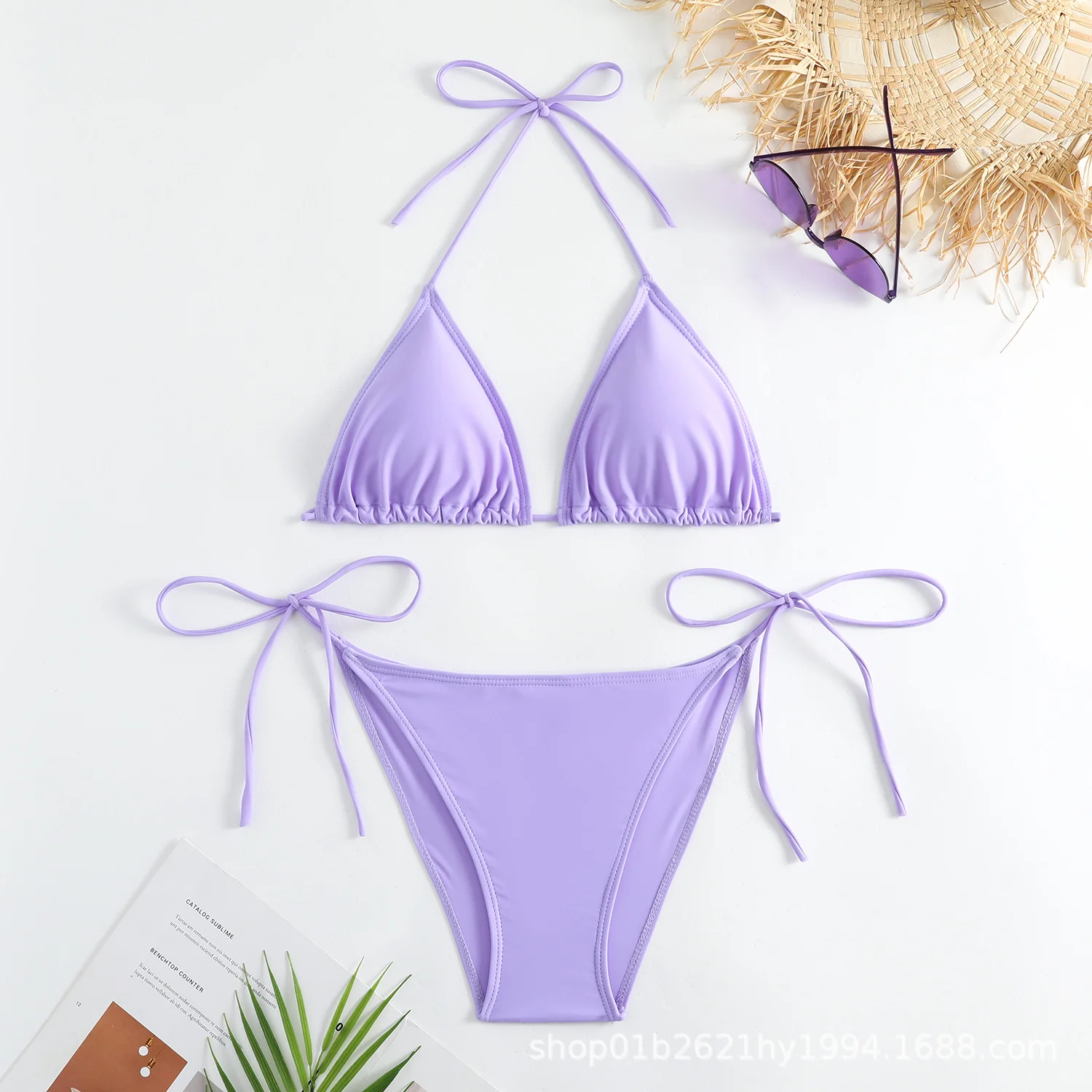 

Women Push Up Purple Bikini Set Sexy Solid Color Lace Up Split Swimsuit Summer Beachwear Two Piece Bathing Suit Female Swimwear