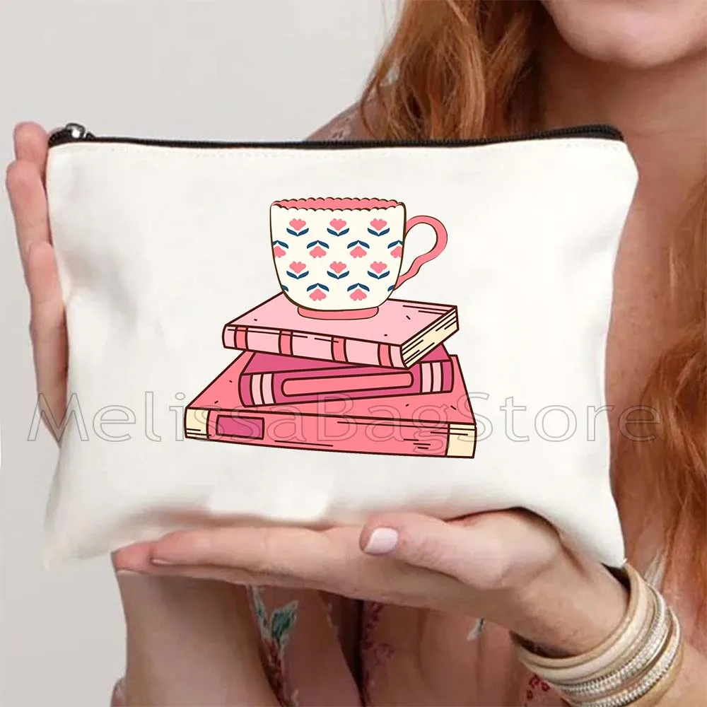 Aesthetic Book Lover Bookish Quotes Floral Flowers Growing From Books Reading Tea Cup Cat Storage Cosmetic Bag Makeup Case Pouch