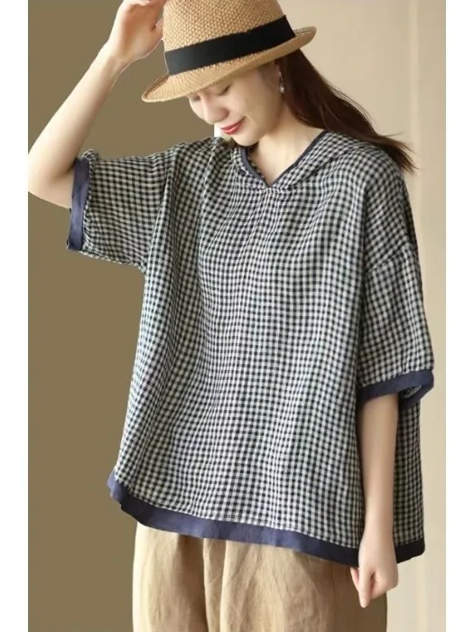 

Summer 2025 New Vintage Hooded Plaid Women's Loose Casual Age-Defng ort-Sve Overhead T-irt Comfortable High-End Feeling