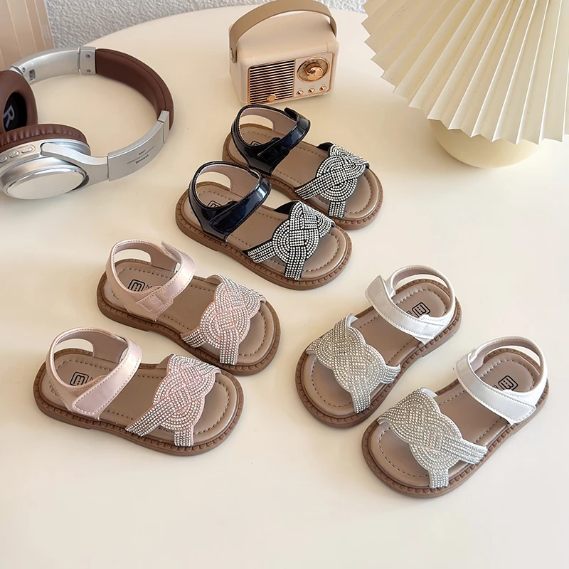 Summer Girl's Sandals Open Toe Rhinestone Chic Kid's Flat Shoe Solid Colors Anti-slip Daily All-match Casual Children Shoes