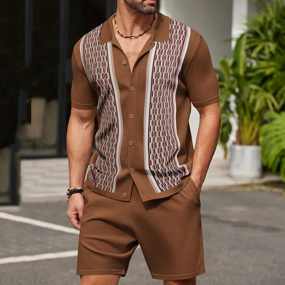 Classic Men's Knitted Outfit Vintage Patchwork Crochet Knit Two Piece Set With Short Sleeve Shirt And Shorts In Grey