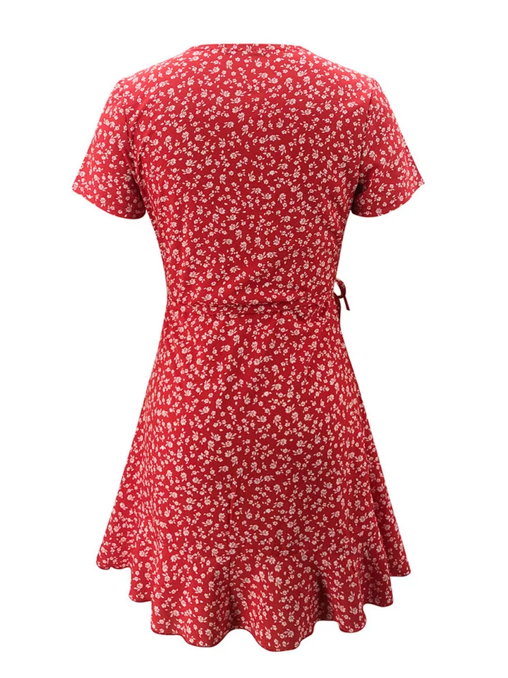 Vestido de Verano para Mujer Corte A-Line Elegante con Flores y Volantes, Escote en V, Corto y Chic 5