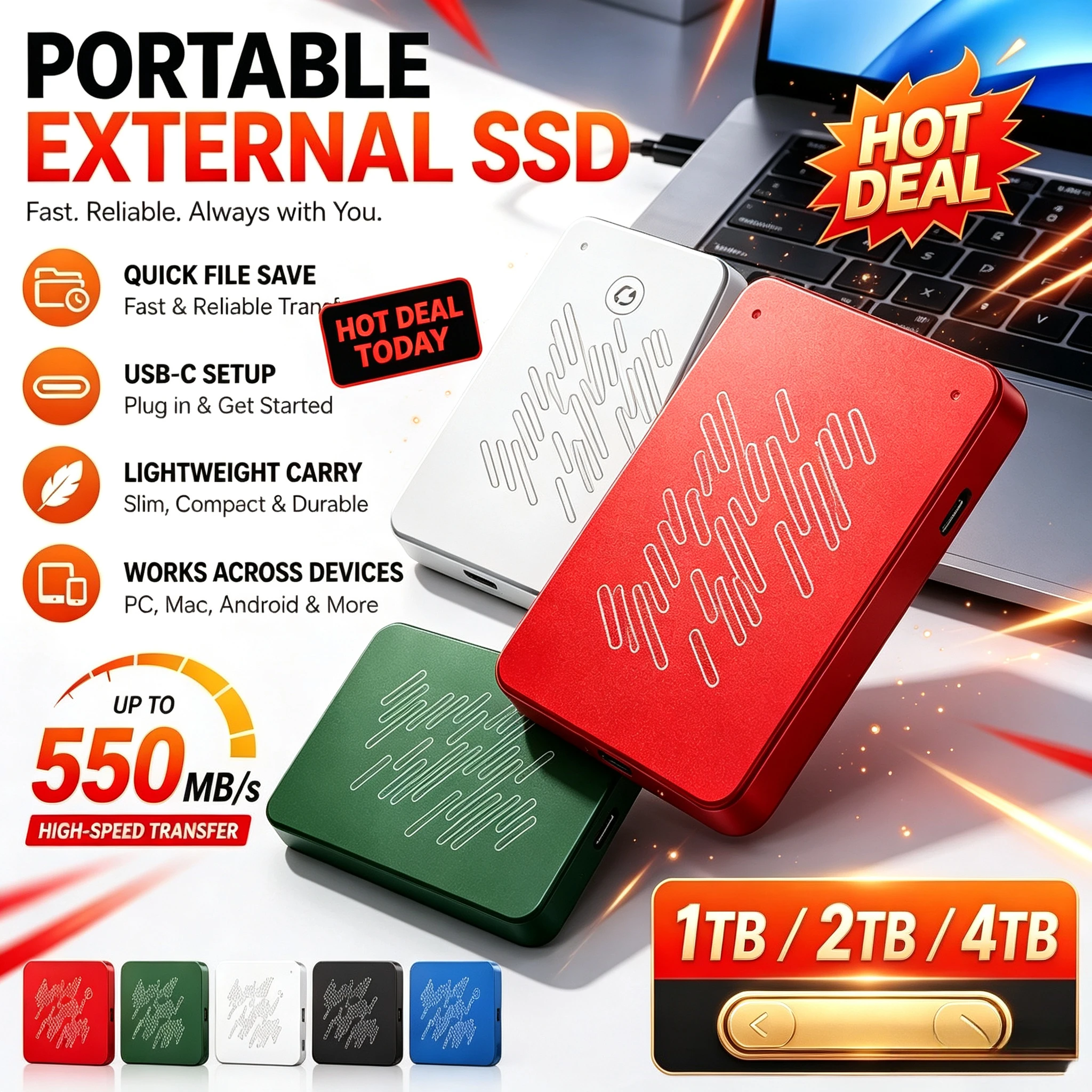 New Portable USB3.0 SSD A3 Series External Hard Drive, 500GB 1TB 2TB 4TB Black Solid State Disk for Gaming Console & Office Gift