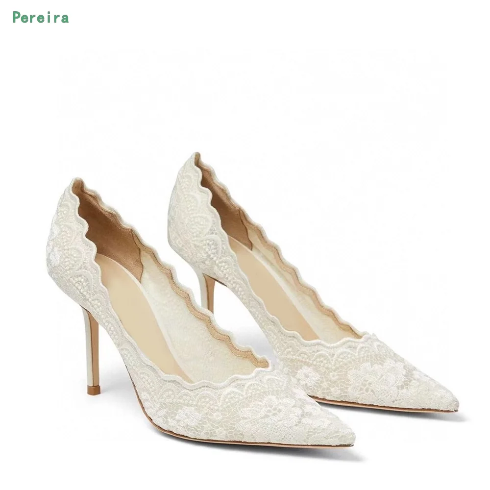 White Lace Slip-on Pumps Summer 2022 New Arrival Women\'s Hollow Solid Thin High Heel Pointed Toe Sexy Fashion Party Shoes