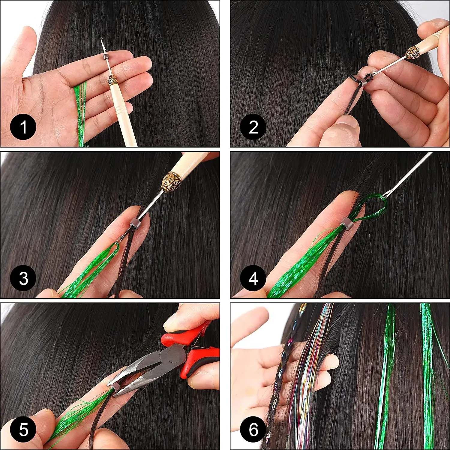 Extensiones de cabello de oropel brillante, pelo holográfico colorido, 20 colores