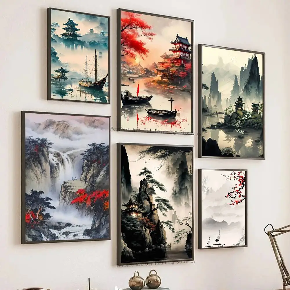Chinese Landscape Forest Mountain River Posters Living Room Bar Cafe Quality Canvas Vintage Style Comics Painting Art Home Wall