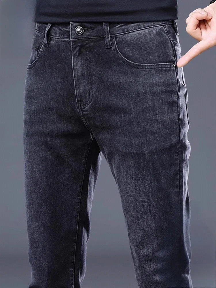 

Black Slim Fit Jeans Men's Trendy Casual Spring New Style Stretch Denim Pants mid Waist Washed out Style Cotton Blend