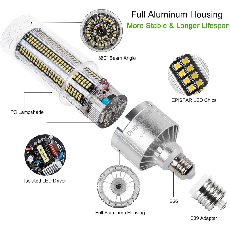 120W Commercial Grade Corn LED Light Bulb(400 Watt Metal Halide/HID/HPS Replacement) E26/E39 Large Mogul Base LED La